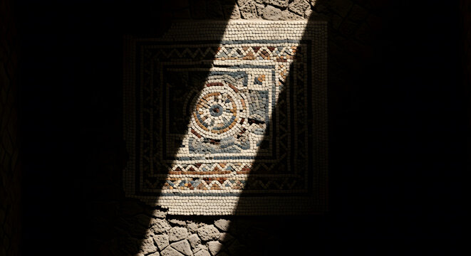 Ancient Roman geometric mosaic floor illuminated by sunlight in