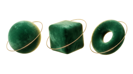 Fuzzy green geometric shapes with gold rings 3D illustration