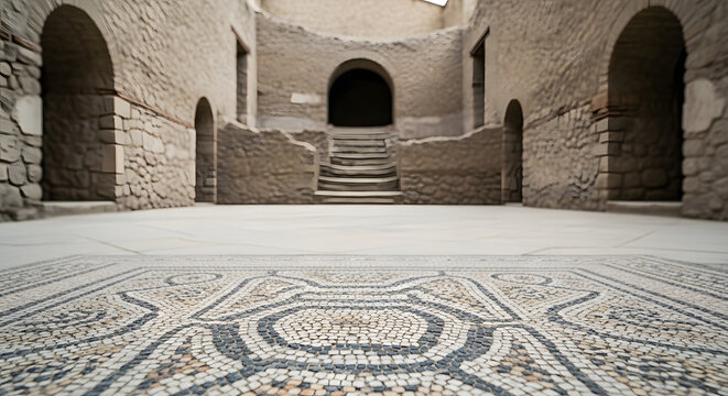 Ancient Roman mosaic floor and architectural ruins in Herculaneu