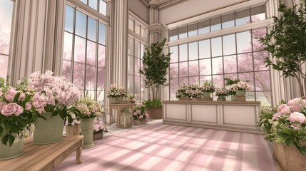 Bright sunlit conservatory with large arched windows, pink flowers, potted plants and pastel decor. With glow!