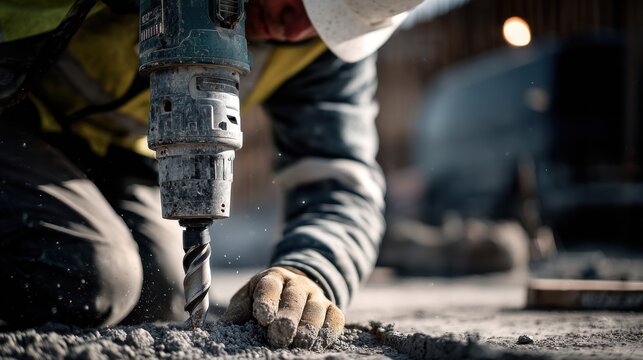 Construction worker drilling concrete with power drill