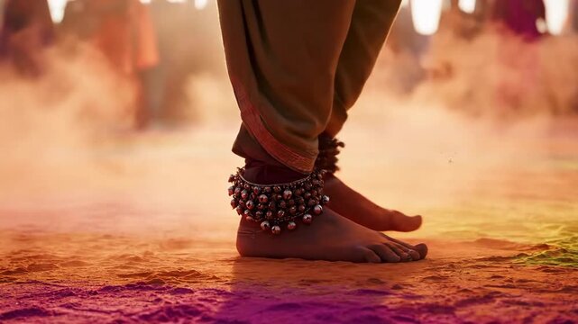 A close-up of happy festival feet, wearing silver anklets, dancing on vibrant holi colored powder in india.