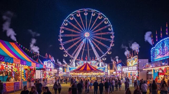 Illuminated Ferris Wheel Dominates a Busy Nighttime County Fair