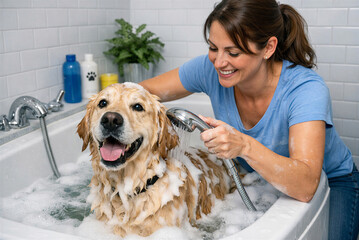 Happy woman giving a bath to a golden retriever in a cozy bathroom