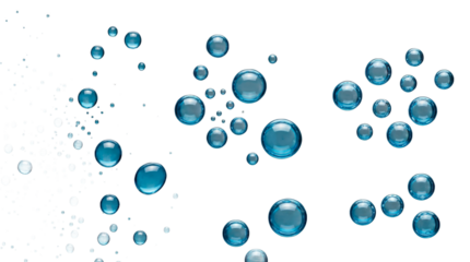 Transparent blue water bubbles floating on white background illustration