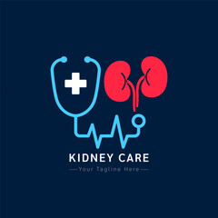 Medical health care logo design modern simple shape. White cross or plus sign in blue stethoscope and red human kidney on a dark background. Vector illustration.