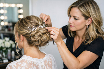 Female stylist styling wedding hair