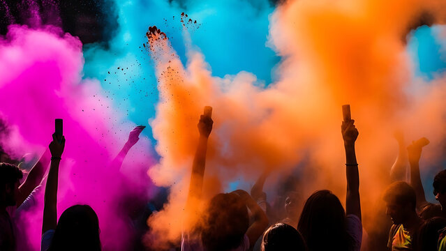 People celebrating with vibrant colored powder smoke at a festival