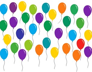 A vibrant collection of colorful, floating balloons against a blank background, arranged in a lively, playful pattern