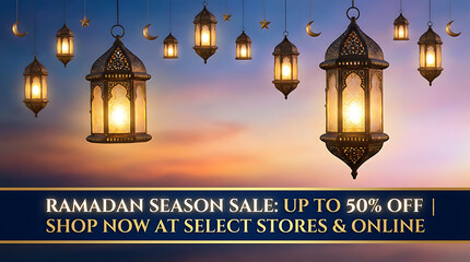 Ramadan Kareem Lanterns with Crescent Moon and Stars at Sunset