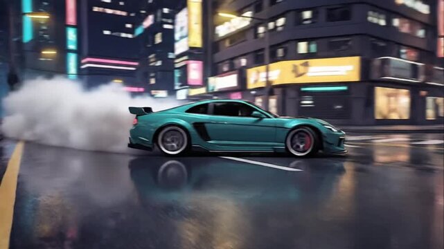 Neon City Drift Blue Sports Car Performance Anime Aesthetic