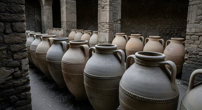 Ancient Roman terracotta storage jars lined up in the ruins of H