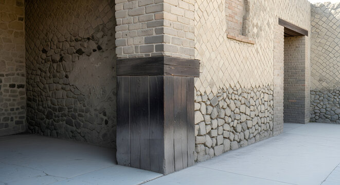 Ancient Roman wall detail showing stone, opus reticulatum, brick