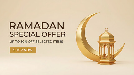 Ramadan Special Offer Banner with Golden Lantern and Crescent