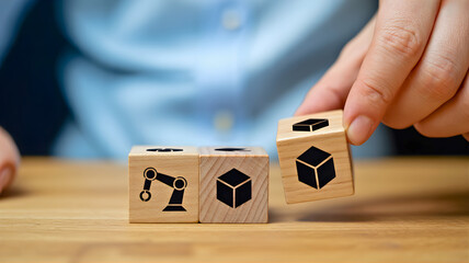 Hand assembling wooden blocks, symbolizing the strategic integration of automation, logistics, and supply chain for manufacturing efficiency and business solutions