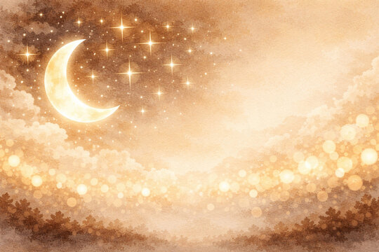 Crescent Moon And Stars - with soft warm bokeh lights (Generative AI)