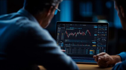 Two male brokers analyzing cryptocurrency charts and financial data on a laptop in a dark office - Powered by Adobe