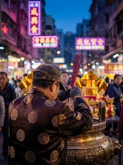 Obraz premium Neon Prayer at Asian Temple Market with Incense Offering