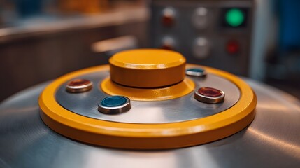 Close up of a futuristic control panel with colorful buttons and a central yellow knob on industrial equipment