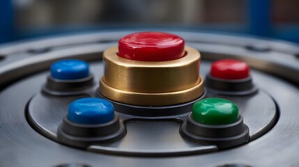Vibrant multi colored push buttons red blue and green on a polished metallic control panel