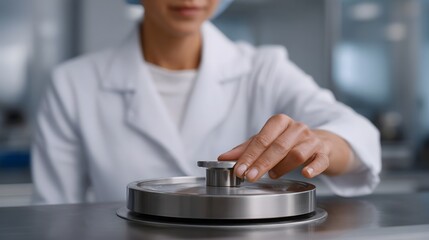 A person in a lab coat operates a metallic device in a laboratory setting