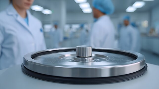 Close up of a metallic centrifuge rotor in a blurred laboratory with scientists - Powered by Adobe