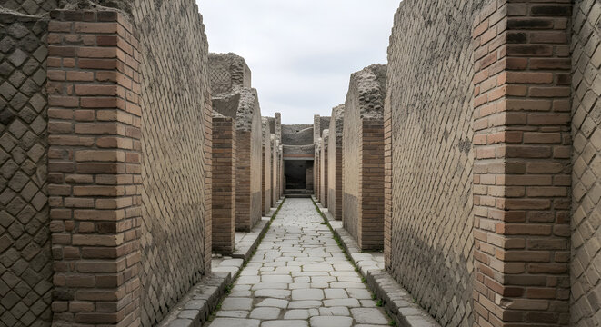 Narrow street view of ancient Roman ruins and brick walls in Her
