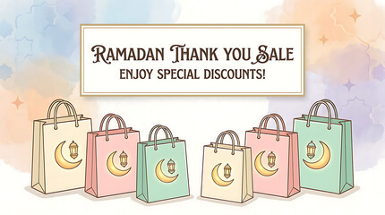 Ramadan Thank You Sale Banner, Shopping Bags, Islamic Discounts