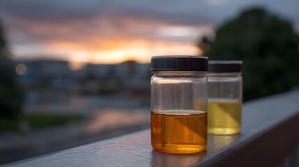 Two transparent sample jars with amber and yellow liquids sit on a railing against a blurred sunset cityscape