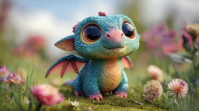 Cute dragon creature in colorful garden