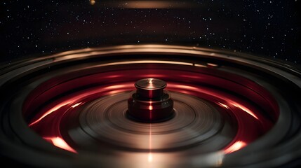 A metallic centrifuge rotor spins rapidly illuminated by red light against a background of distant stars evoking scientific explo n