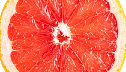Macro Texture of Juicy Red Grapefruit Slice on White Background, emphasizing freshness and vibrant citrus pulp detail.