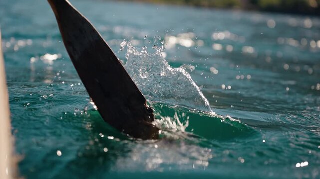 Wooden paddle splashes through clear waters of Lake Atitl&aacute;n
