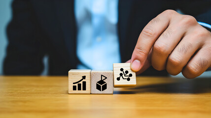 Strategic Business Growth Hand Places Technology Network Block on Wooden Cubes, Symbolizing Digital Integration, Innovation, and Future Development for Enterprise Success