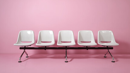 Modern White Plastic Waiting Chairs On Pink Public Bench In A Studio Setting