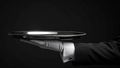 Elegant Service: Hand in White Glove Holding Reflective Silver Tray on Dark Background