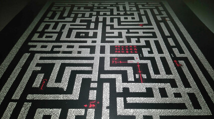 Intricate Maze Floor With Red Arrows And Marked Pathways In Dim Light