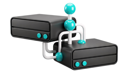 Abstract 3D rendering of interconnected black devices with teal accents