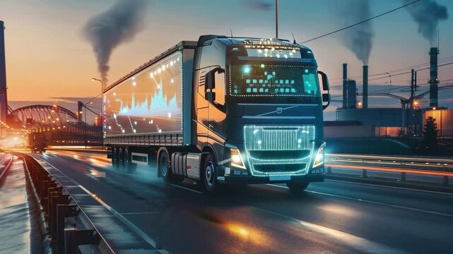 Freight Logistics Highway, Industrial Transport Network, Nighttime Trucking

