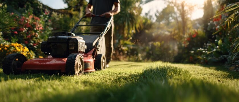 Person mowing the lawn in a sunny garden