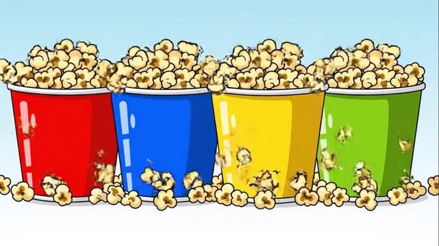 Four Colorful Popcorn Buckets Animation Bouncing Kernels