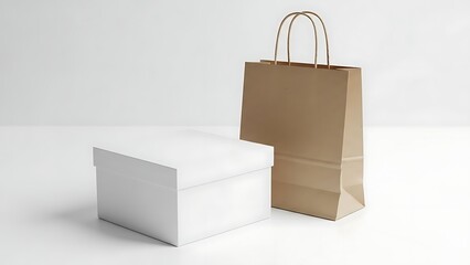 White Gift Box and Brown Paper Shopping Bag on White Background.