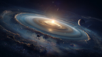 Cosmic Scene of a Bright Star With Ring System and Planets in Deep Space