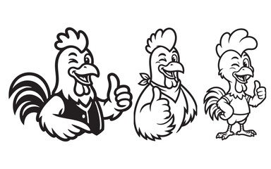 Set of Three Cartoon Rooster Mascots Showing Thumbs Up