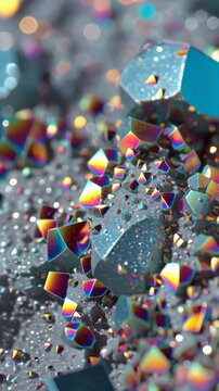 Vibrant iridescent geometric crystal shapes sparkle on a textured, glistening abstract surface