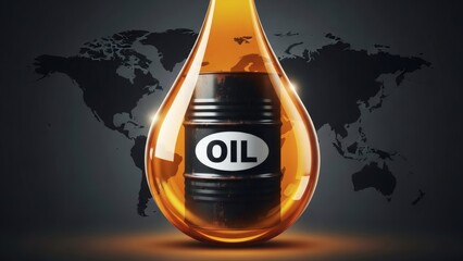 Global Oil Drop Barrel inside a golden drop on map background.