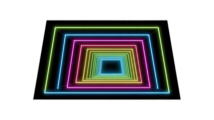 Vibrant neon square tunnel with colorful glowing lines