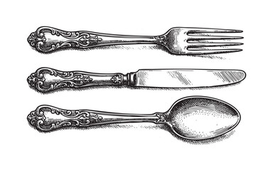 Ornate Silverware Knife Fork and Spoon engraving vector illustration © trianatio
