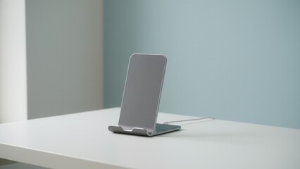 Modern desk setup featuring a minimalist silver smartphone stand for contemporary workspaces