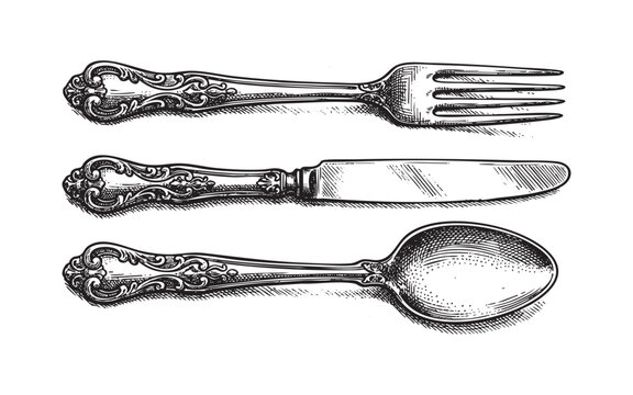 Ornate Silverware Knife Fork and Spoon engraving vector illustration